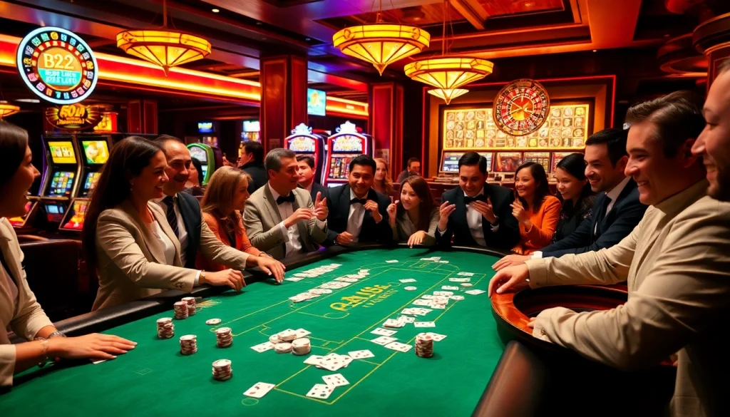 B52 club players enjoying high-stakes poker with vibrant casino elements in the background.