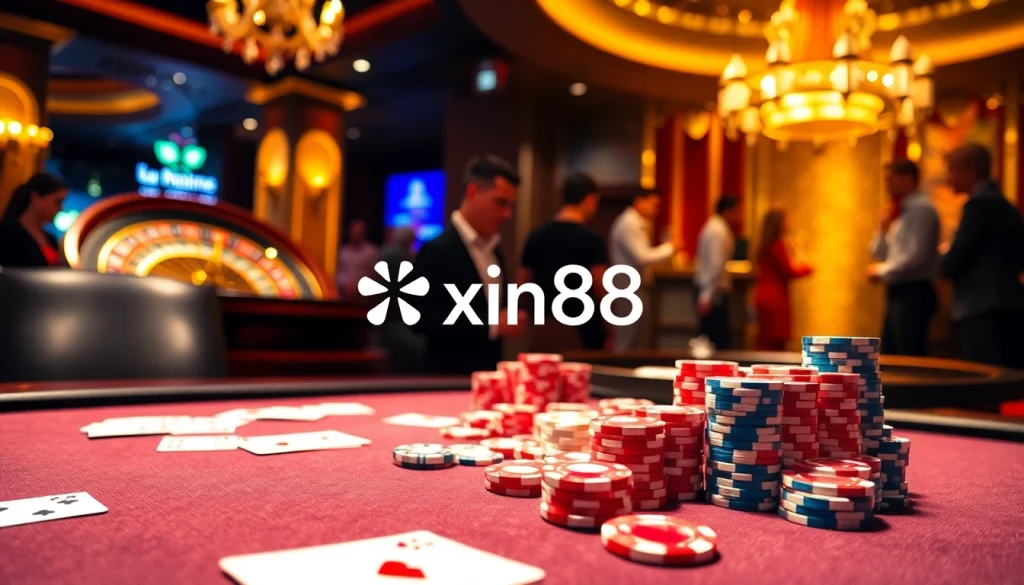 Experience high-stakes excitement at xin88's luxurious casino tables with vibrant poker chips and cards.