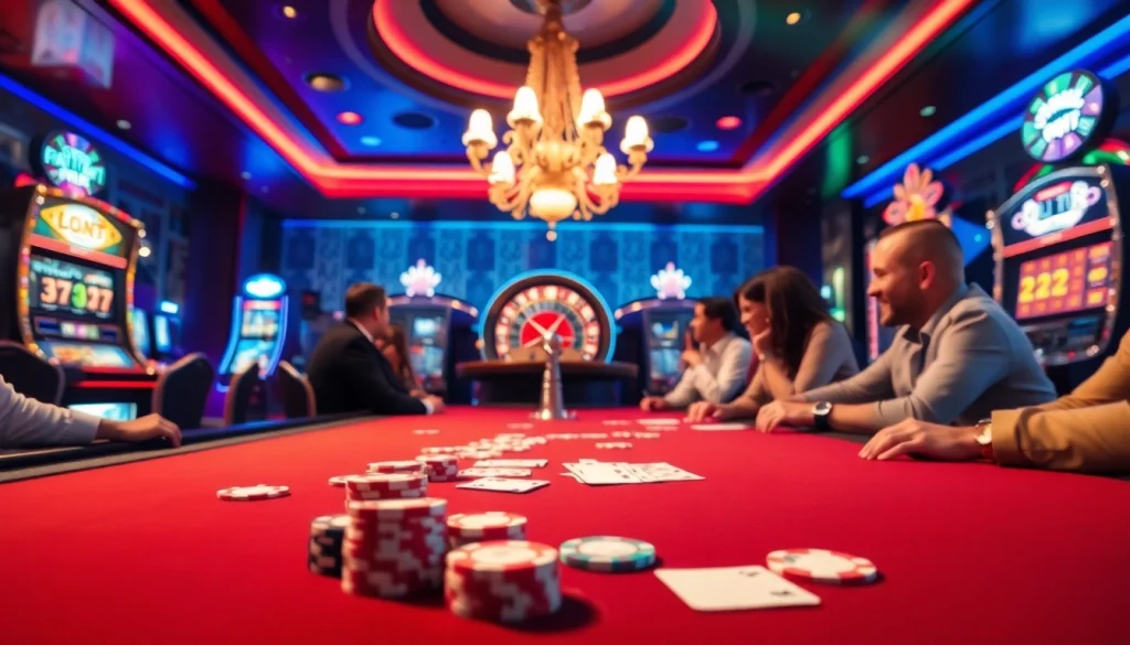 SODO casino scene featuring poker chips, excited players, and illuminated slot machines.
