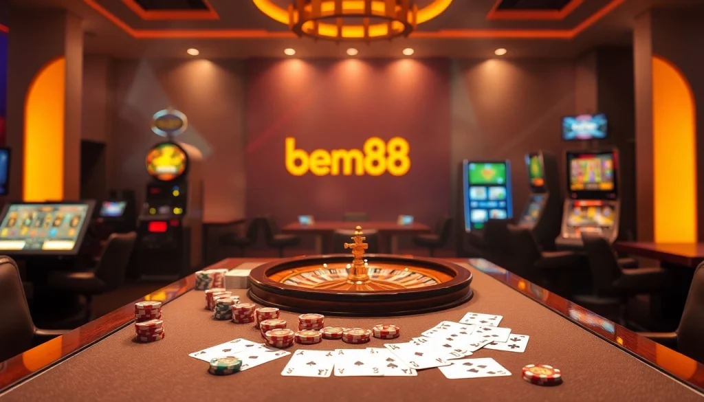 Engaging scene of bem88 online casino with poker table, roulette wheel, and vibrant slot machines.