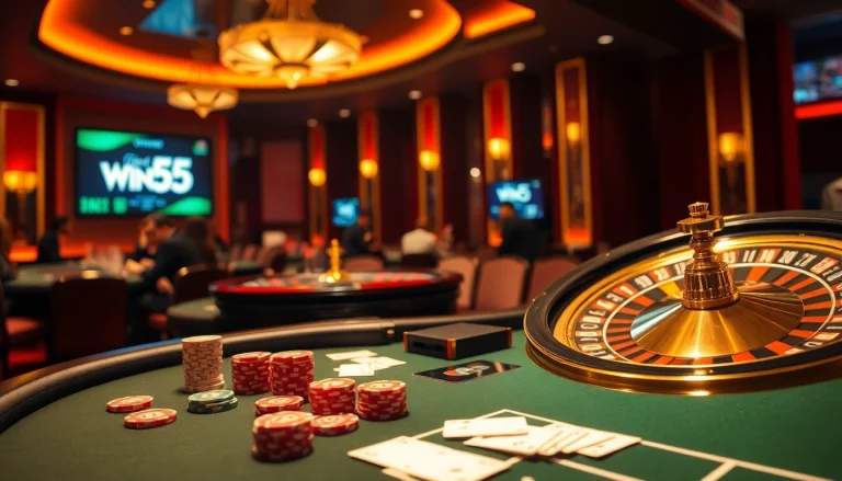 Experience Win55 excitement at a vibrant casino poker table with players engaged in high-stakes action.