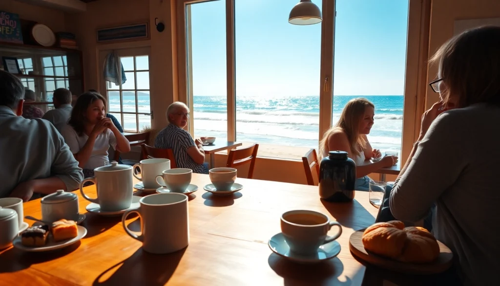 People enjoying drinks at the Coffee shop association Lloret de Mar with a beach view.