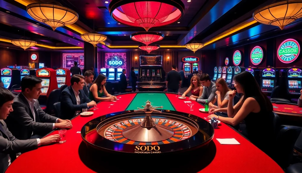 SODO-themed roulette wheel surrounded by gamblers playing poker and blackjack.