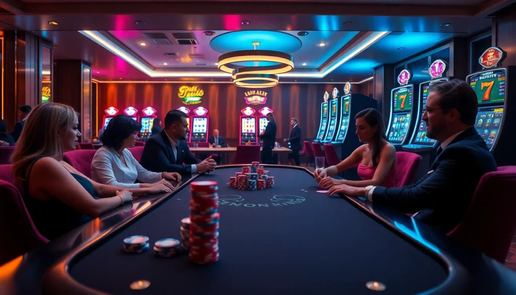 S8 casino players strategizing at a luxurious poker table amidst vibrant slot machines.