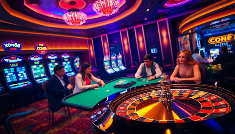 Exciting gambling scene at an upscale casino featuring xo88 elements like roulette and poker tables.