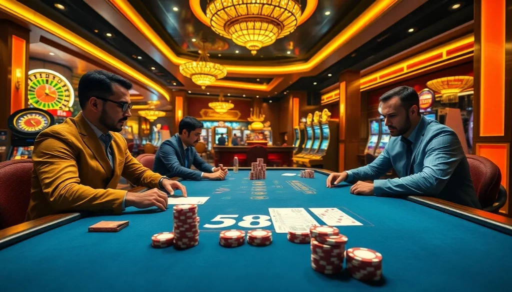 Excitement at a 58win poker table with professional players and high-stacked chips.