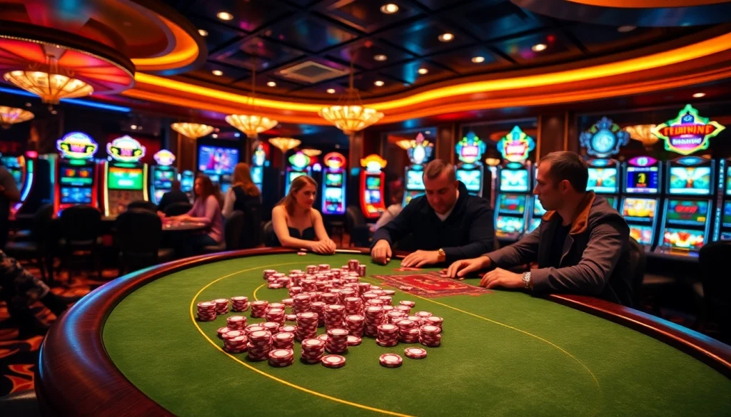Febet casino featuring a lively poker game with colorful chips and dazzling slot machines.