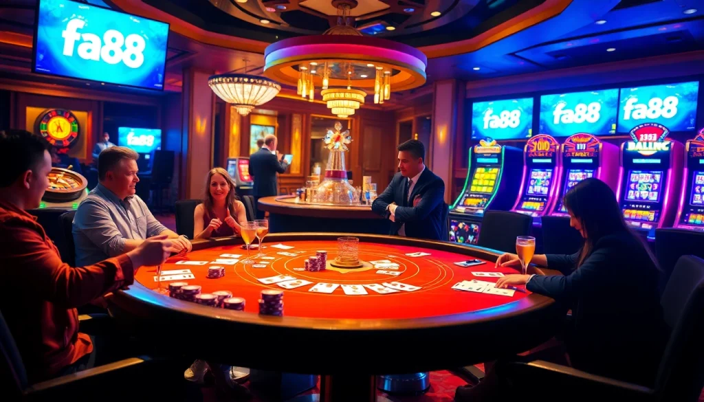 Players enjoying a high-stakes poker game at fa88 casino, featuring vibrant chips and cards.