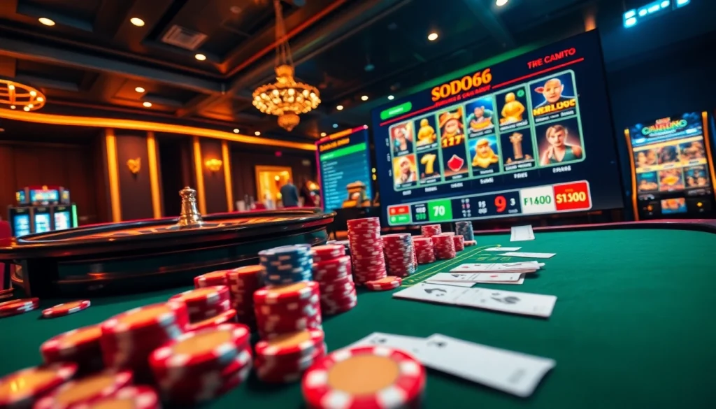 SODO66 showcases high-stakes excitement at a luxurious casino table filled with poker chips and cards.