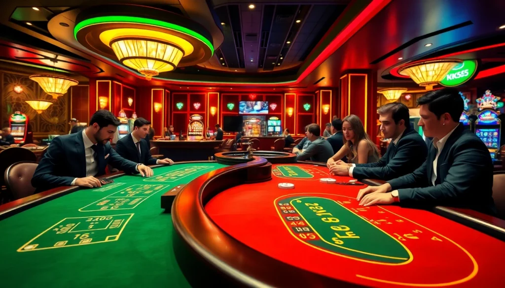 A dynamic casino scene with players at the table, revealing the thrill of strategy at nhà cái KK55.