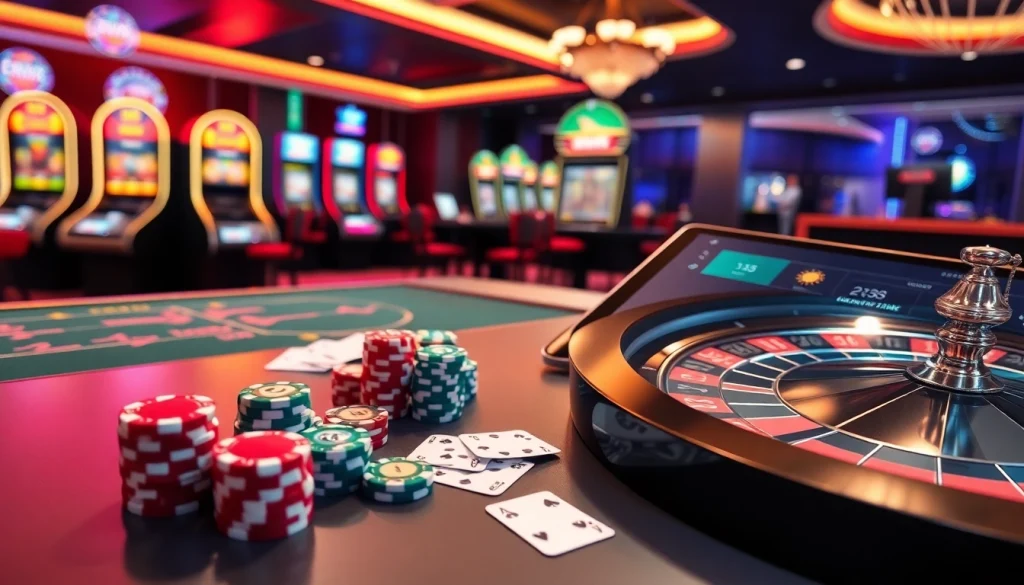 Engage with exciting online gaming visuals at https://go88vn.blog featuring gaming tables, cards, and roulette wheels.