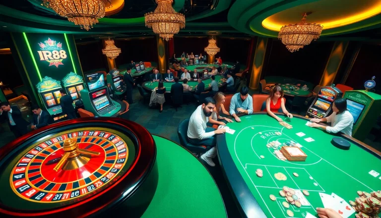 Players enjoying exciting games at rr88 com casino, featuring roulette, cards, and vibrant slot machines.