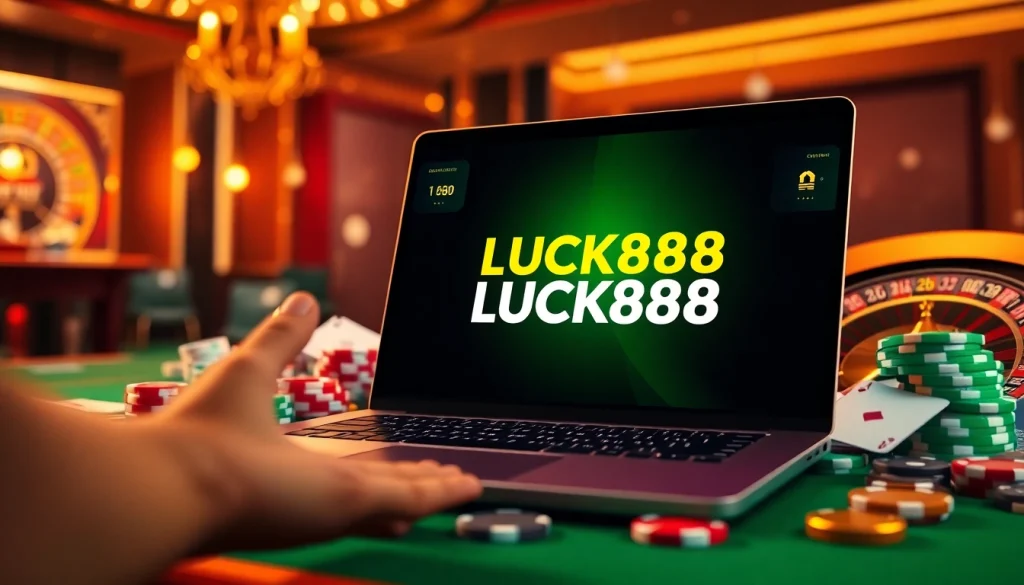 LUCK888 online casino gaming experience with poker chips, roulette, and exciting virtual interface.