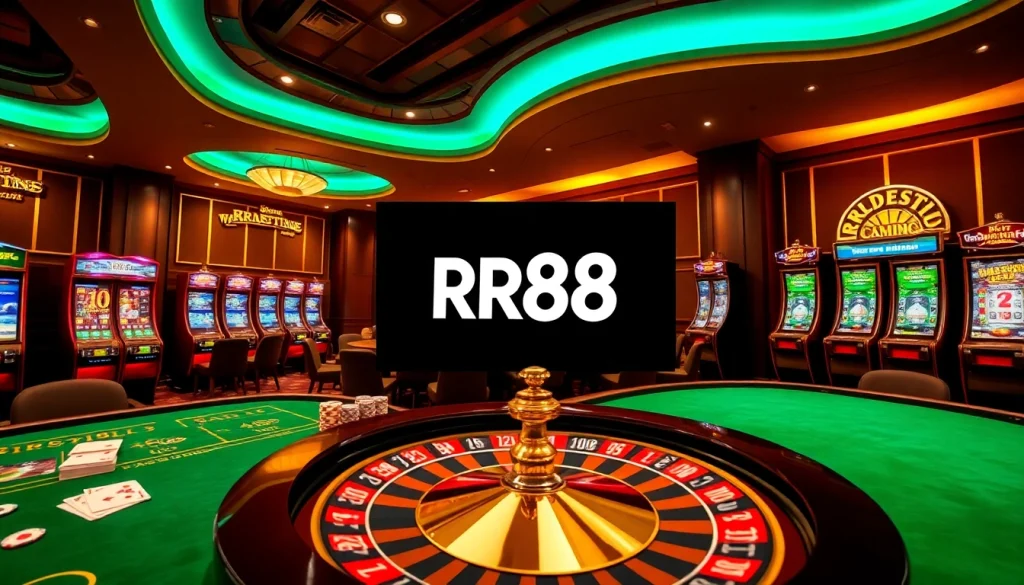 Experience the thrill of RR88 at a luxurious casino with vibrant tables and engaging slot machines.