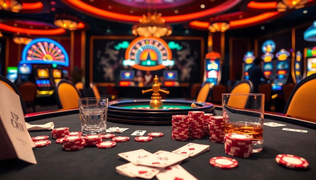 Experience the thrill of gambling at Vipwin with vibrant poker tables and luxurious casino elements.