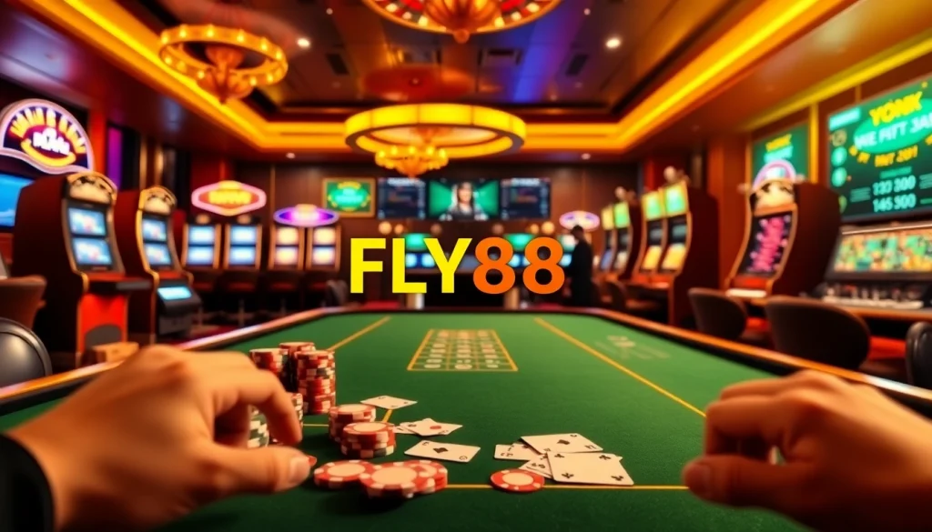 Experience the excitement of nhà cái uy tín FLY88 with vibrant casino visuals and online gaming elements.