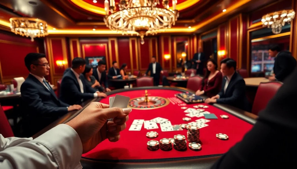 Experience the thrill of RR888 with poker players at a high-stakes casino table.