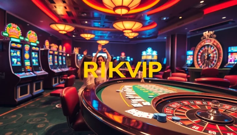 Experience the excitement of RIKVIP gaming with vibrant slot machines and ecstatic players.