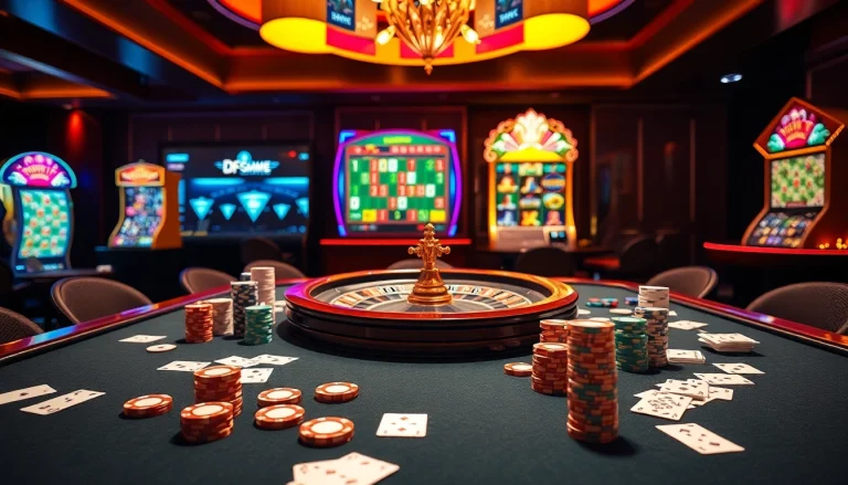 Experience the thrill of DF999 Game with engaging poker and roulette elements in a vibrant casino scene.