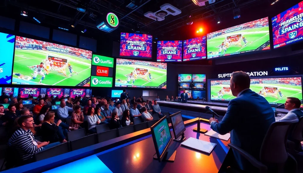 Host presenting live Sports Broadcasting in a modern studio with vibrant screens and graphics.