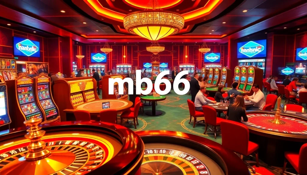 An exciting online gambling experience at mb66.nyc featuring vibrant casino tables and slot machines.