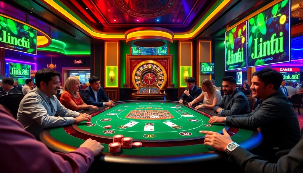 Action-packed gaming scene highlighting link 88i at a luxurious blackjack table in a vibrant casino.