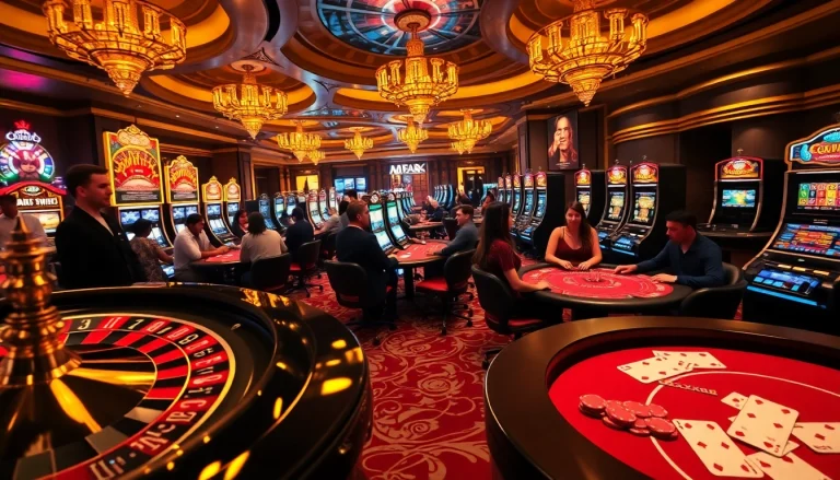 Players enjoying a thrilling game at https://xx88.eu.com/ casino, with poker tables and a spinning roulette wheel.