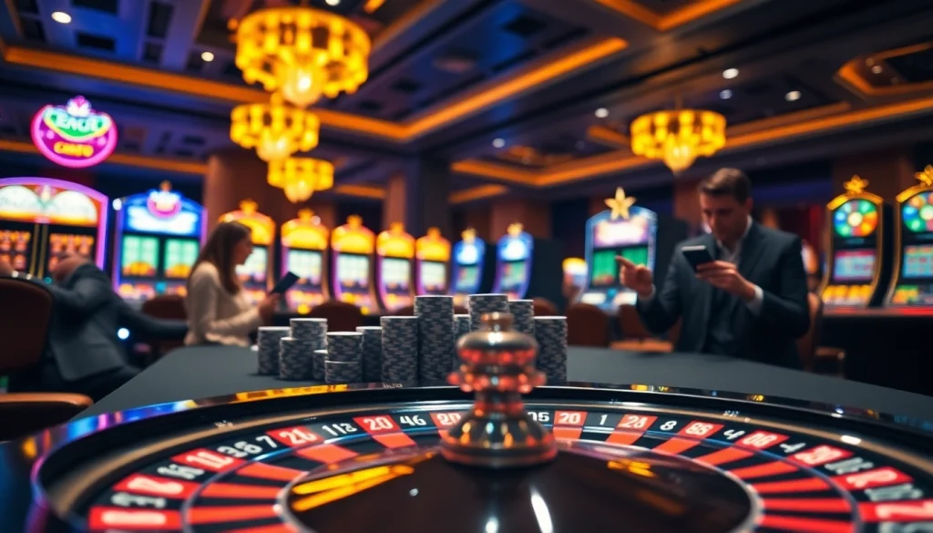 Experience thrilling gameplay at Fabet's poker table surrounded by vibrant casino lights.