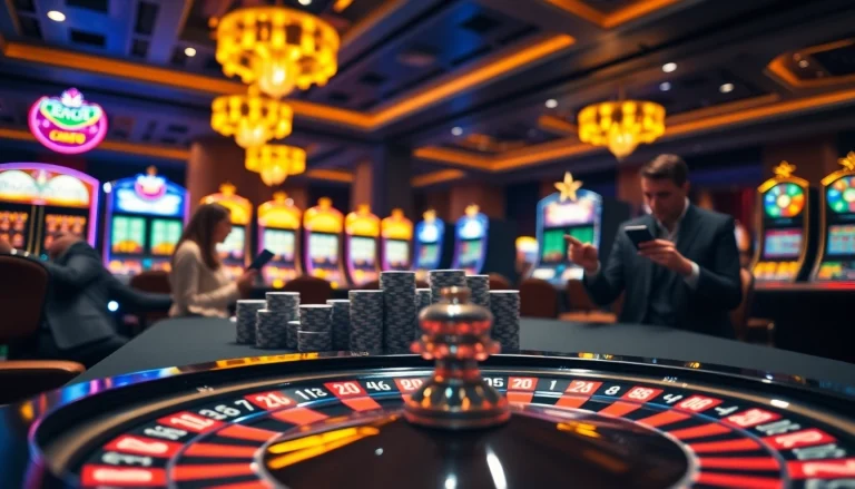 Experience thrilling gameplay at Fabet's poker table surrounded by vibrant casino lights.