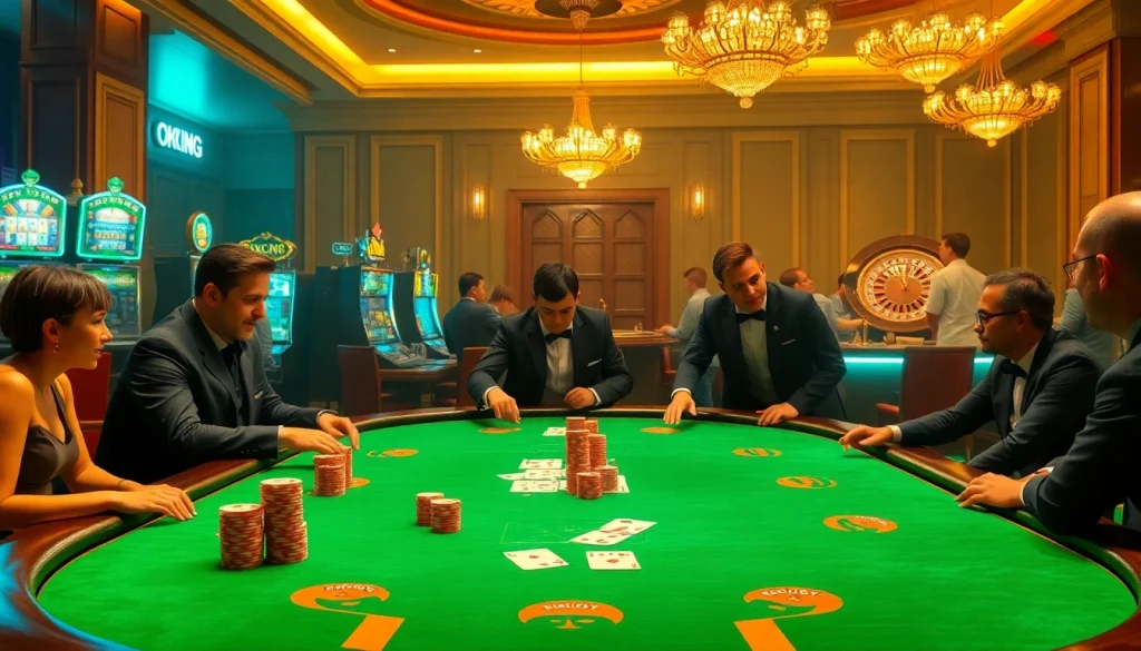 Players strategizing at the OKKING poker table in a luxurious casino, surrounded by vibrant slot machines.