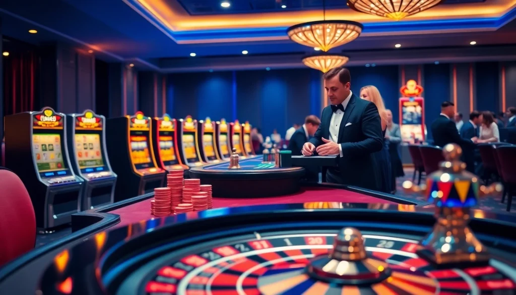 Exciting casino scene with players engaging at Luck8's luxurious tables and vibrant slot machines.