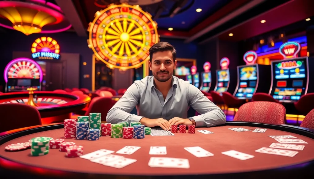 Exciting e2bet casino scene with vibrant poker table and glowing slot machines.