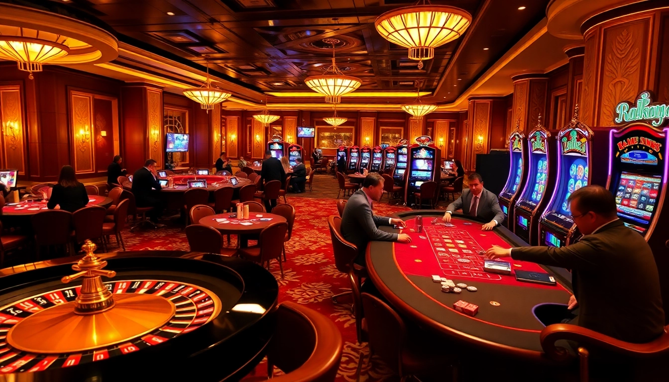 Sao789 players enjoying an exciting night at an upscale casino with poker and roulette.