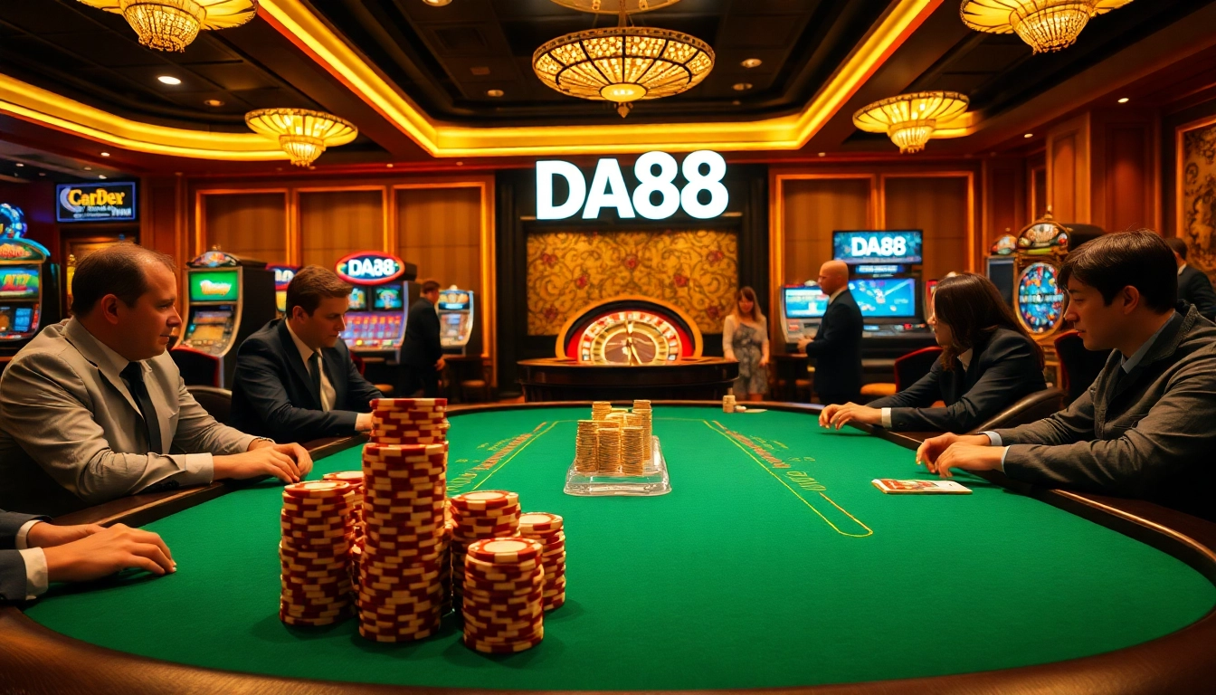 Engaging DA88 poker table scene showcasing professional players and vibrant casino atmosphere.