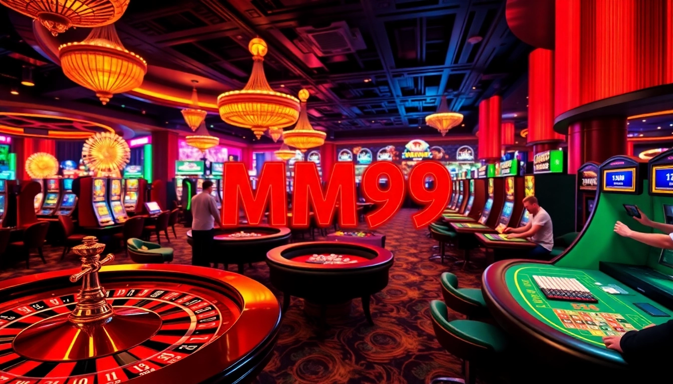 MM99 players enjoying thrilling games at a vibrant casino with roulette, slots, and poker.