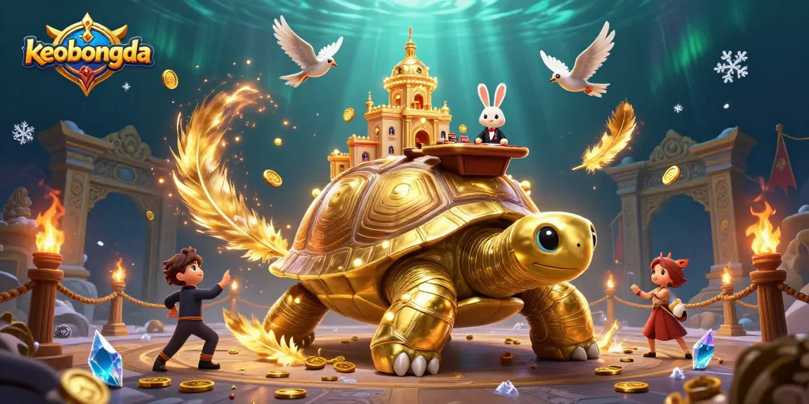 Betting on keobongda's lively casino scene, featuring a golden tortoise and rabbit dealer.