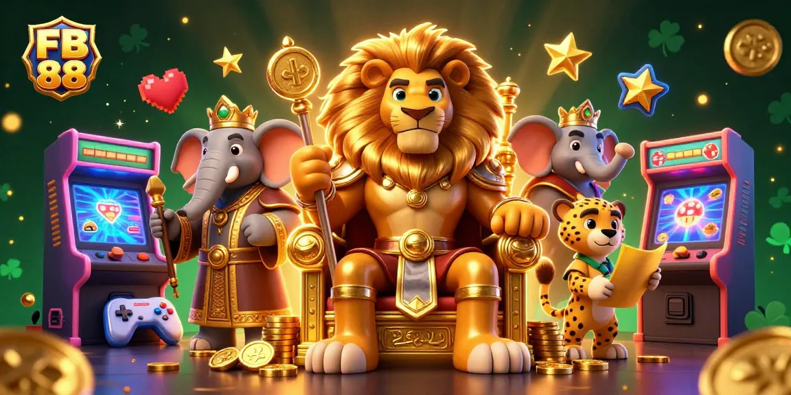 Experience the excitement of FB 88 with a fierce lion king, elephant advisor, and cheetah messenger in a vibrant casino scene.