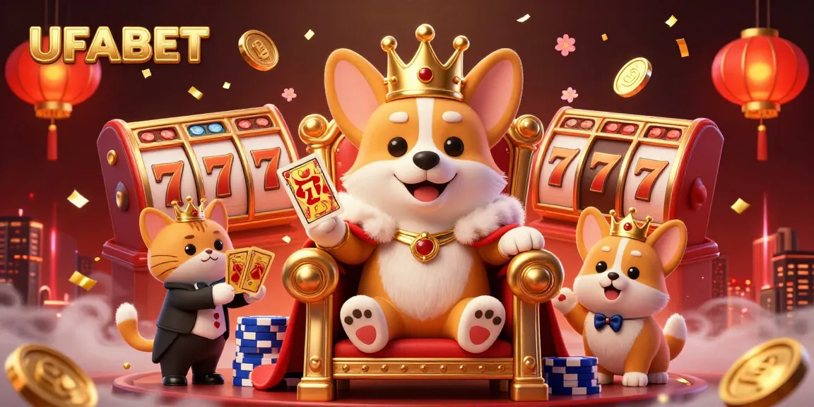 Experience the excitement of UFABET with a royal corgi on a poker chip throne, celebrating gaming triumphs.