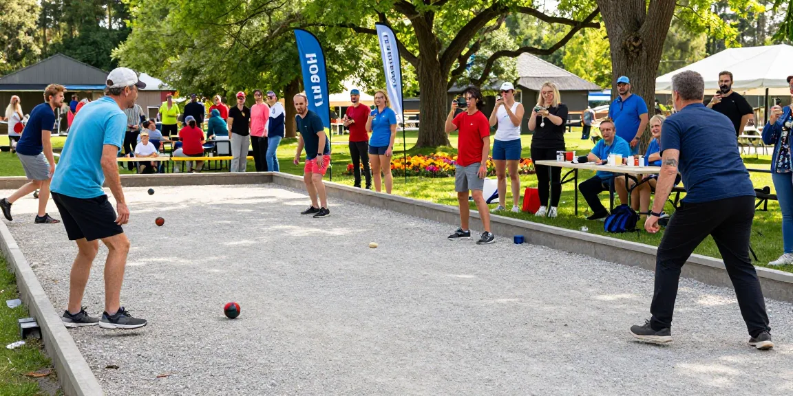 Exciting community petanque game at fopikotabanjarba.org, showcasing players engaged in friendly competition surrounded by cheering spectators.