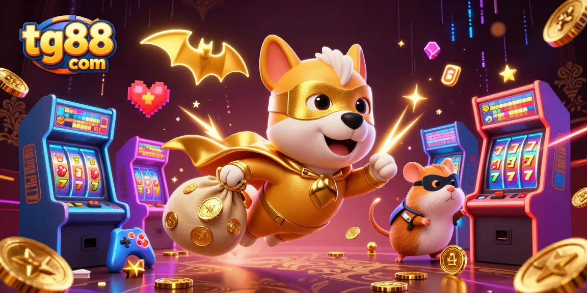 Engage in gaming excitement at tg88 com with a vibrant casino illustration featuring a superhero dog and playful arcade elements.