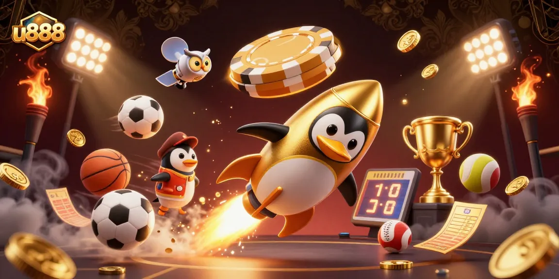 Join the u888 adventure as the golden penguin flies towards the casino space station amid sports excitement.