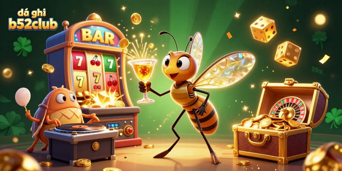 Engage in thrilling cockfighting matches with đá gà b52club, showcasing an animated mosquito mascot and dinosaur DJ in a vibrant casino scene.