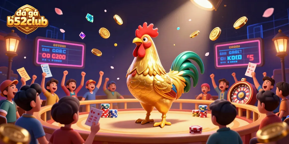 Experience the excitement of đá gà b52club with a dynamic 3D illustration showcasing live betting and cockfighting action.