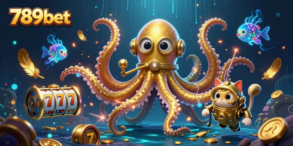 Experience thrilling gameplay at 789bet with a dynamic scene of a kraken and a diving cat amidst dazzling casino elements.