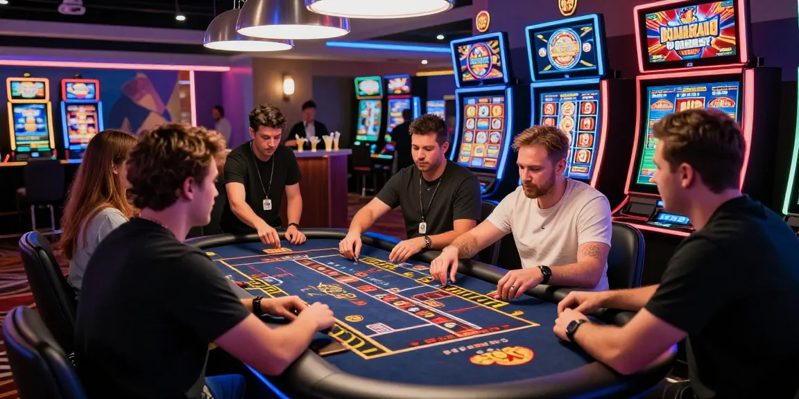 Friends enjoying games at credit card casinos with vibrant atmosphere and modern gaming tables.