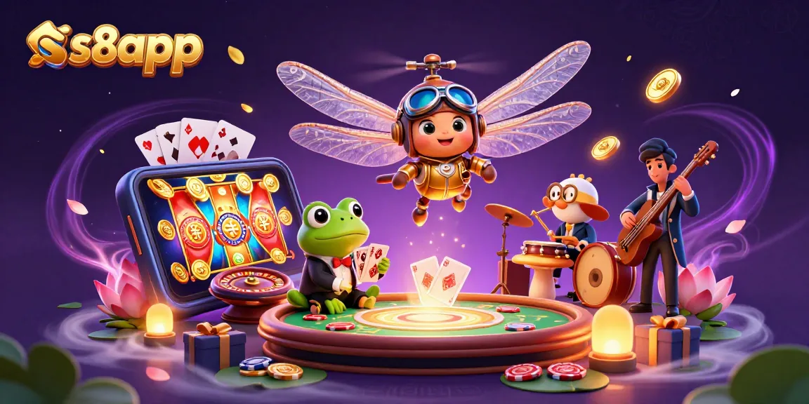 S8app showcases a vibrant casino scene featuring a dragonfly pilot, frog dealer, and musicians amidst a lively gambling setting.