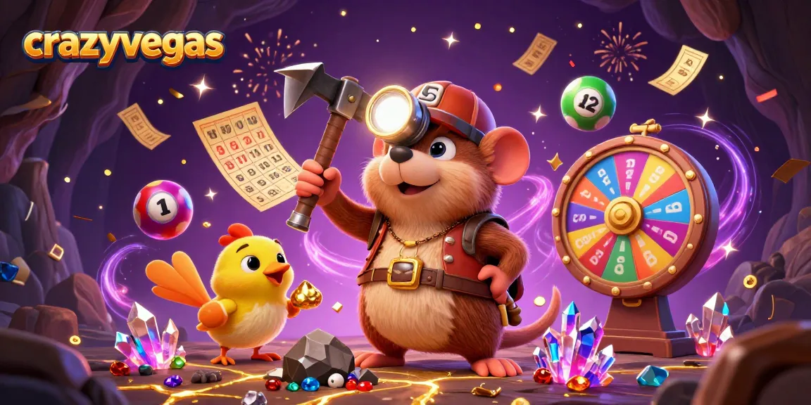 Explore exciting gaming fun at crazyvegas with a vibrant illustration of a treasure hunter mole.